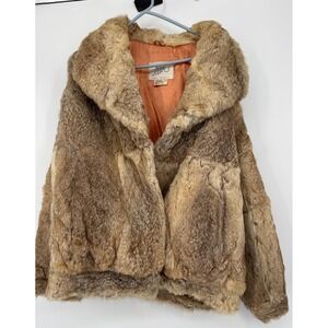 VTG Elan Rabbit Fur Coat Gray Tan Satin Lined Medium Donenfelds Hook Front